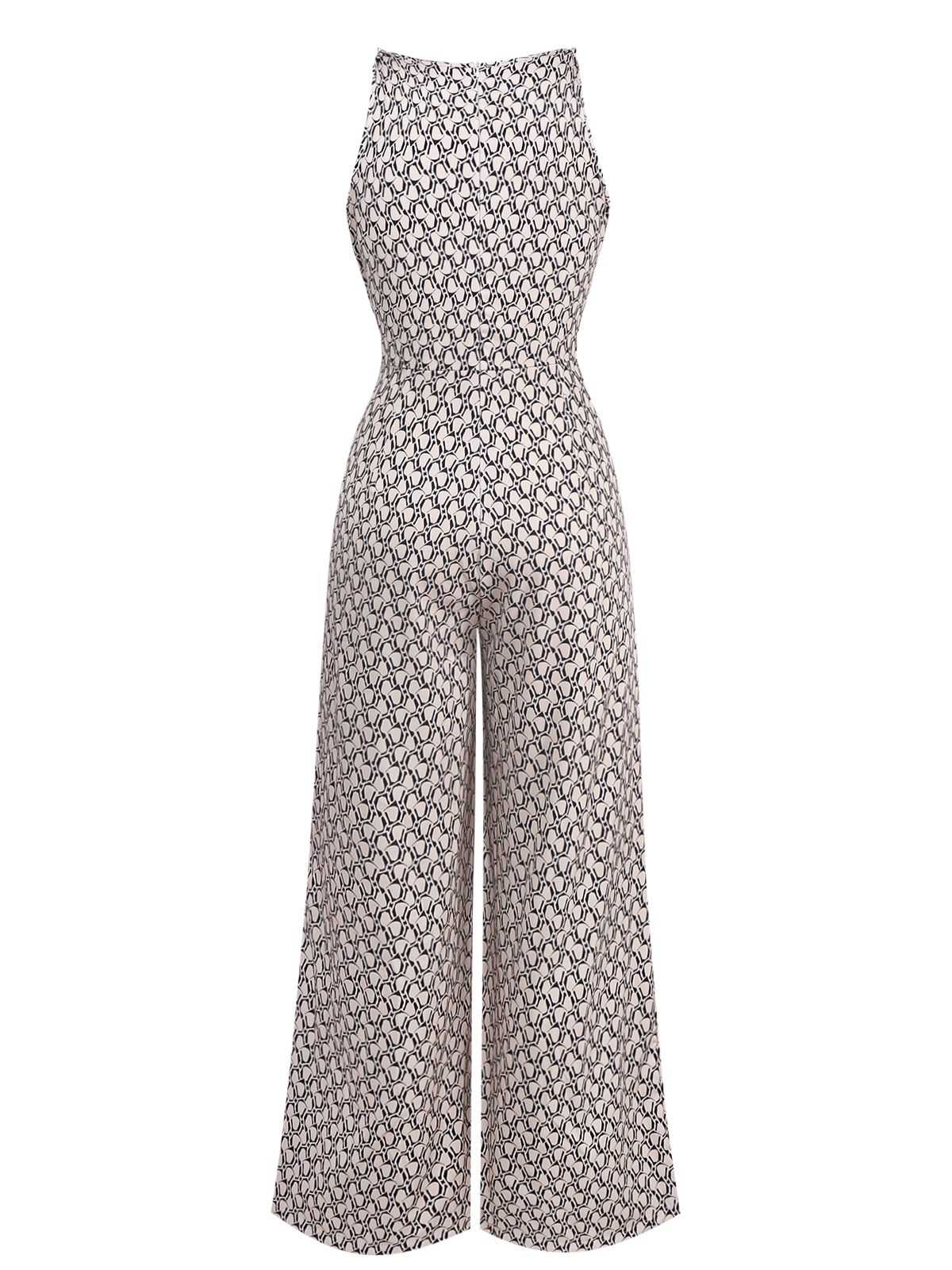 1970s Sleeveless Geometric Print Waist Bow Jumpsuit - Image 2