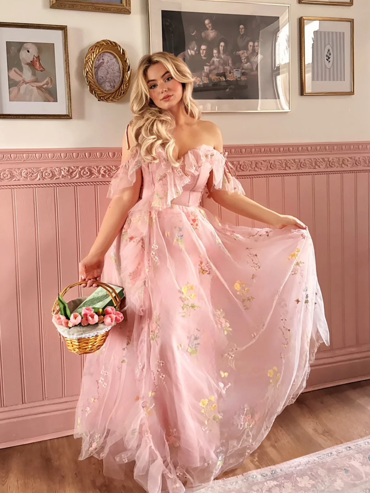 1970s Slip Floral Embroidered Mesh Slit Dress - Image 3