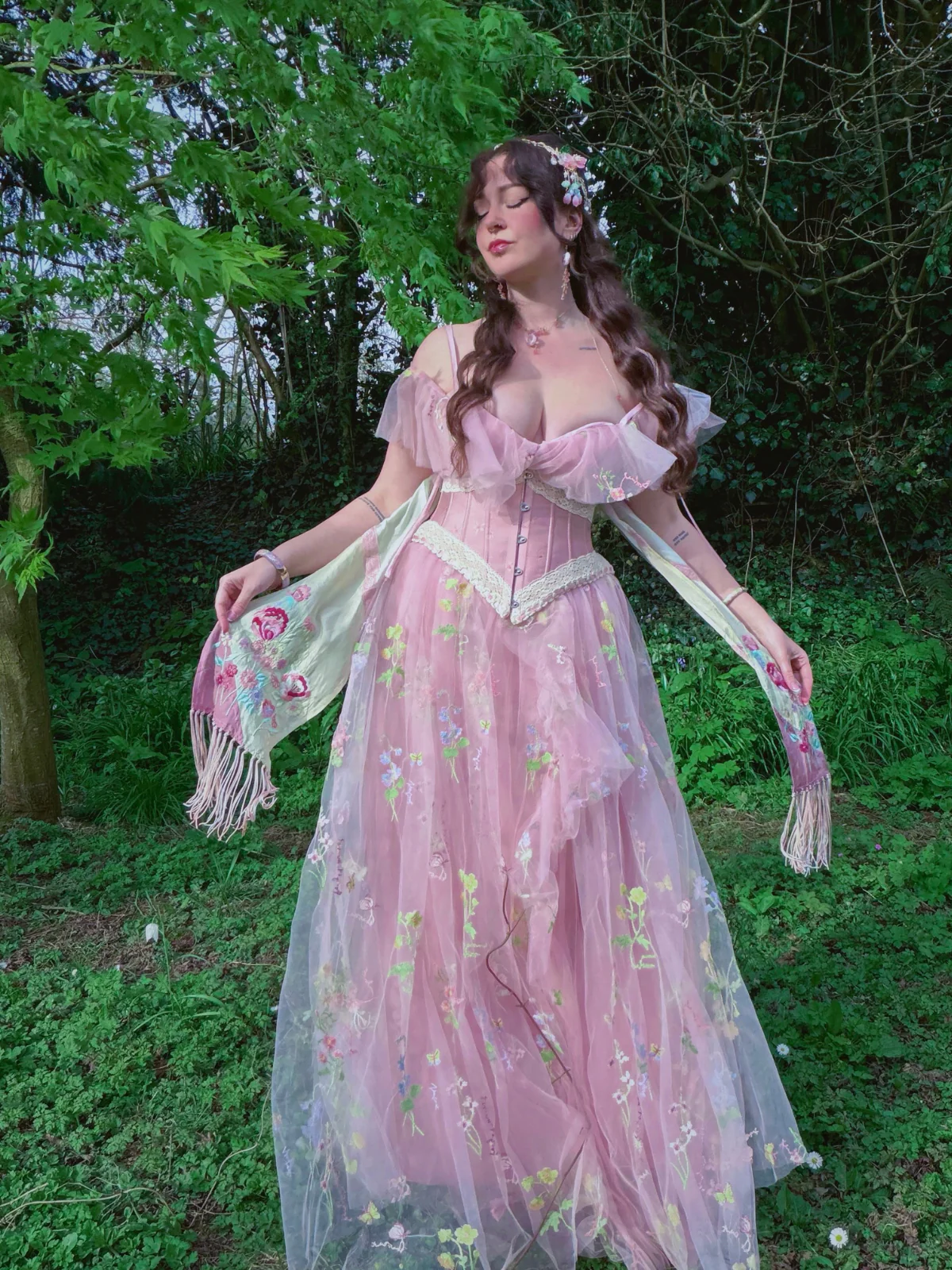 1970s Slip Floral Embroidered Mesh Slit Dress - Image 2