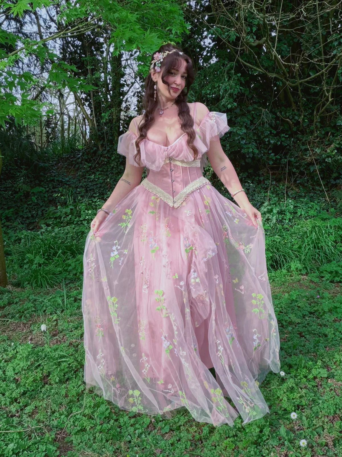 1970s Slip Floral Embroidered Mesh Slit Dress - Image 3