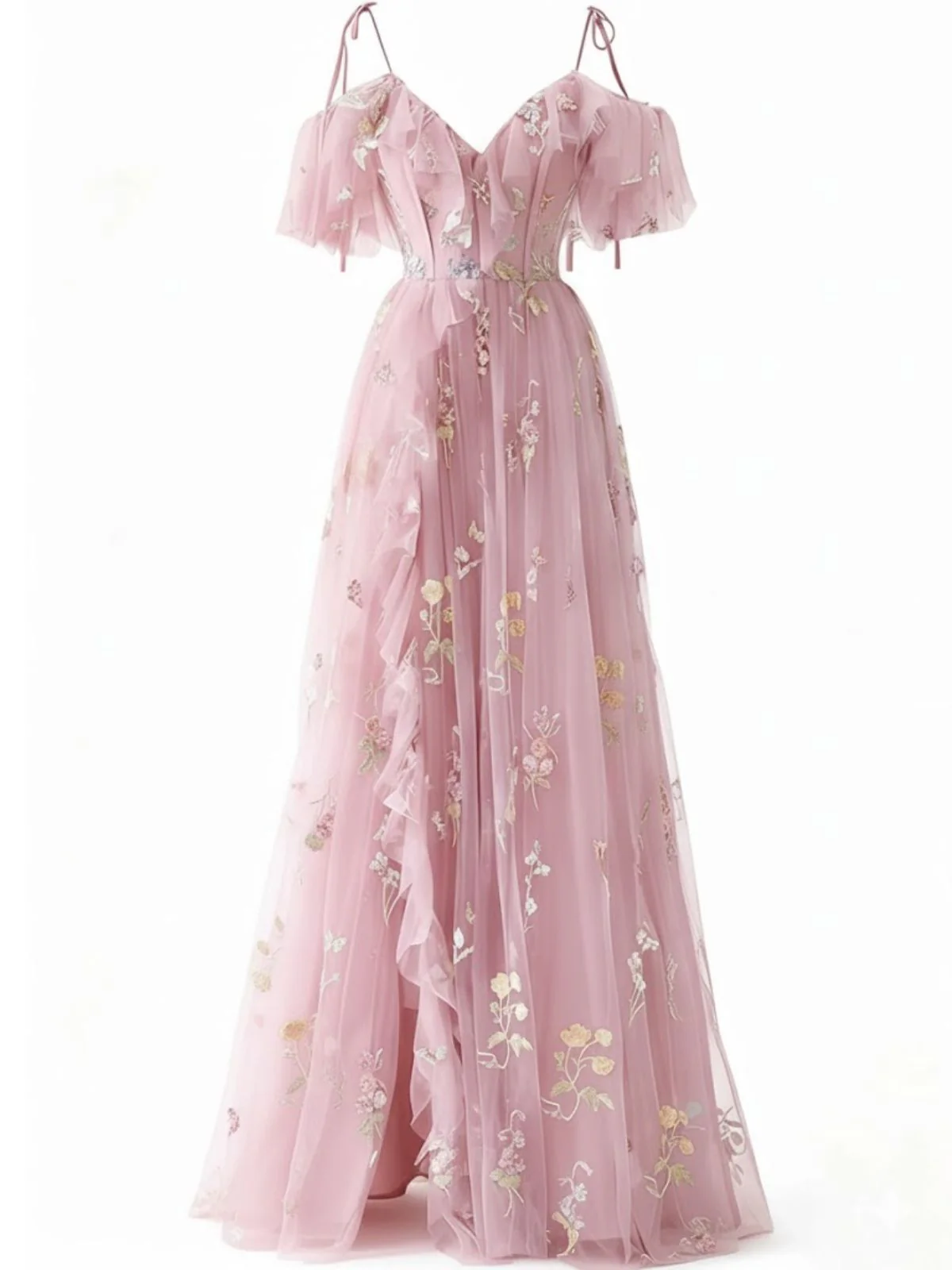 1970s Slip Floral Embroidered Mesh Slit Dress - Image 3