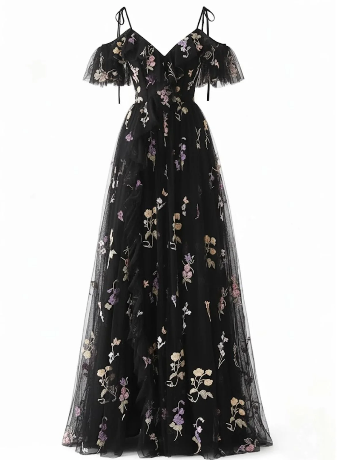 1970s Slip Floral Embroidered Mesh Slit Dress - Image 4