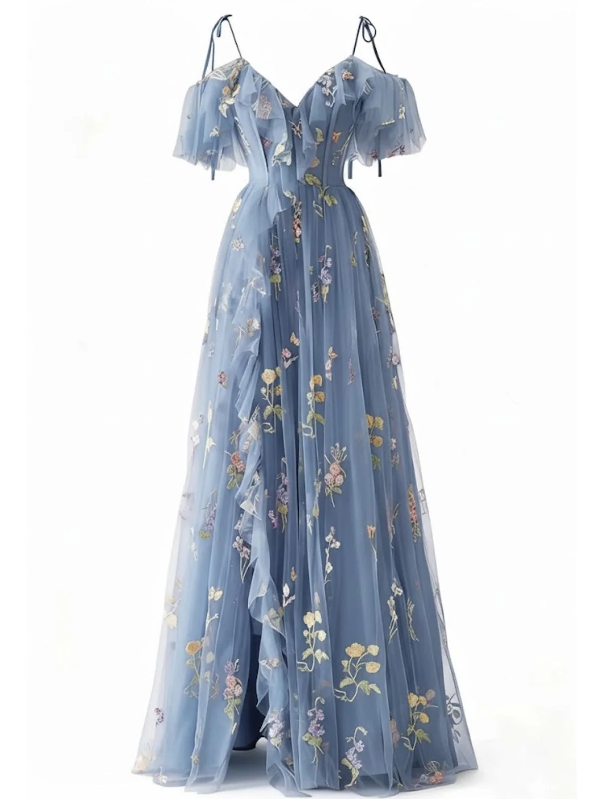 1970s Slip Floral Embroidered Mesh Slit Dress - Image 5