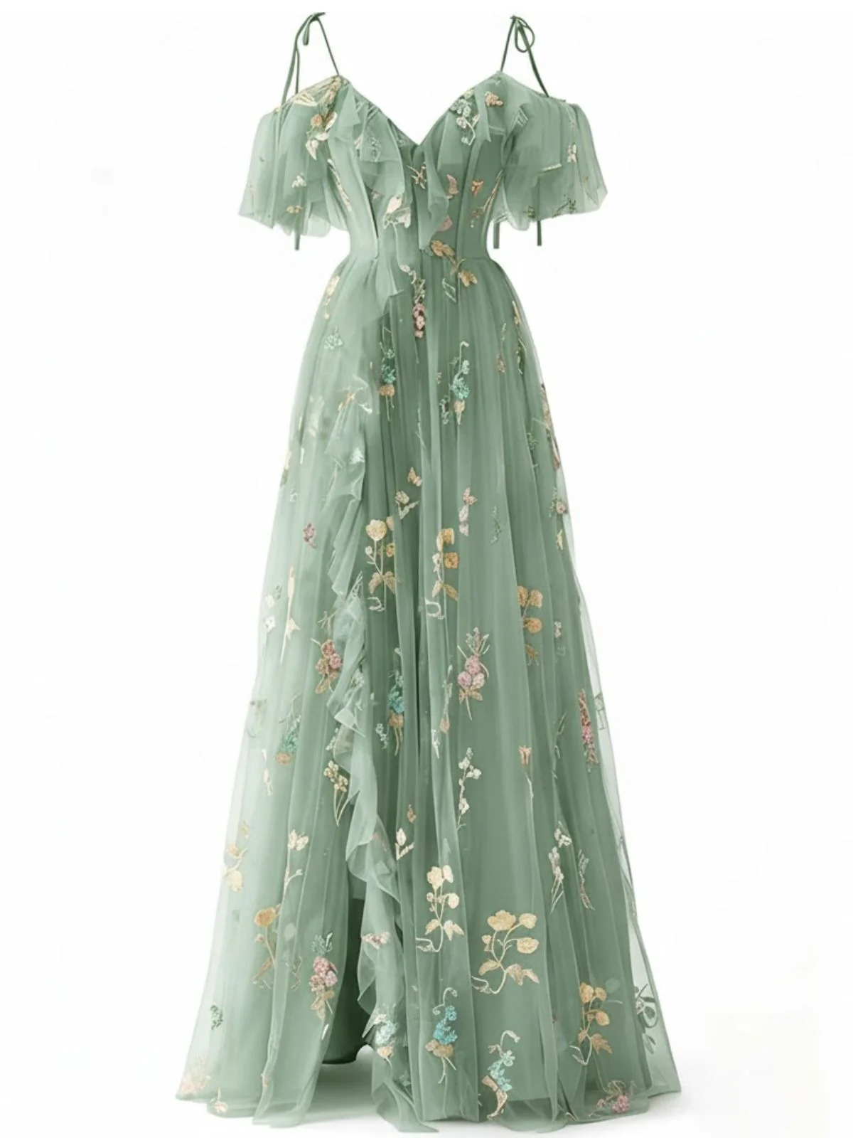 1970s Slip Floral Embroidered Mesh Slit Dress - Image 6