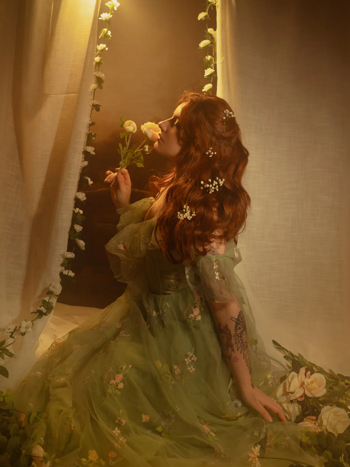 1970s Slip Floral Embroidered Mesh Slit Dress - Image 2