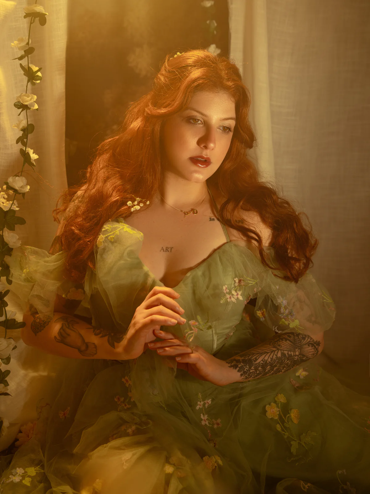 1970s Slip Floral Embroidered Mesh Slit Dress - Image 3