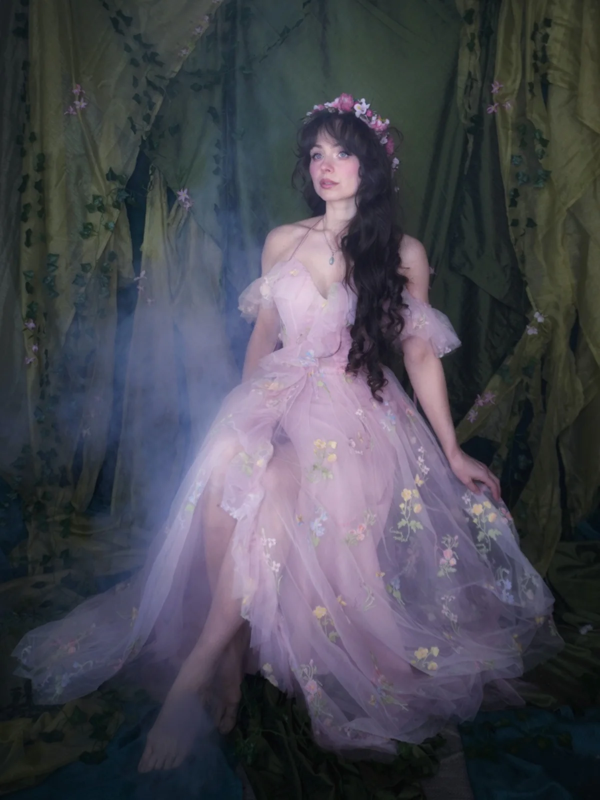 1970s Slip Floral Embroidered Mesh Slit Dress - Image 2