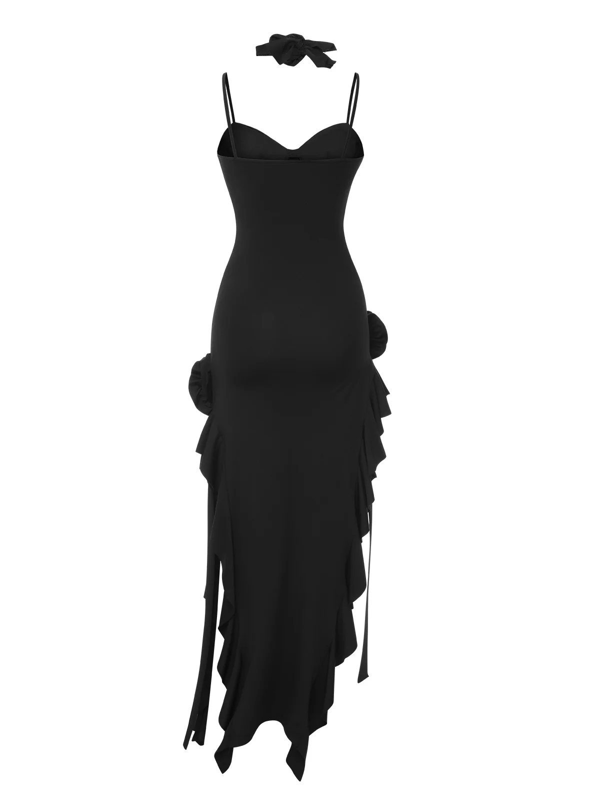 1970s Solid 3D Rose Ruffle High Low Hem Dress - Image 3
