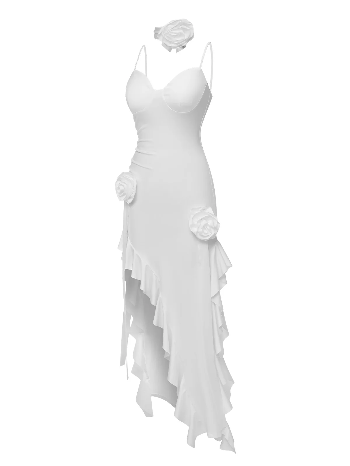 1970s Solid 3D Rose Ruffle High Low Hem Dress - Image 6