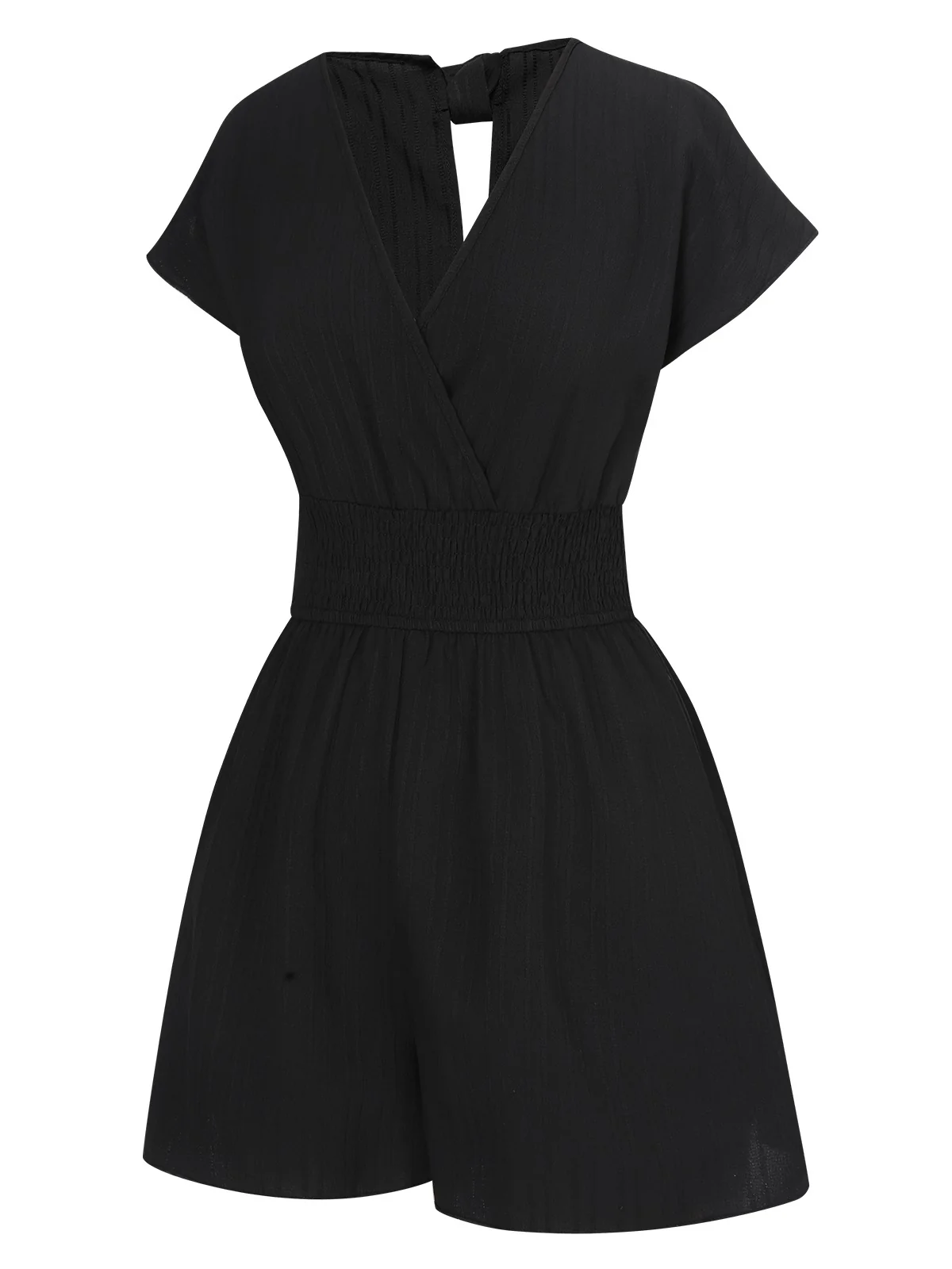1970s Solid Elastic Waist Wrap V-Neck Romper - Image 3