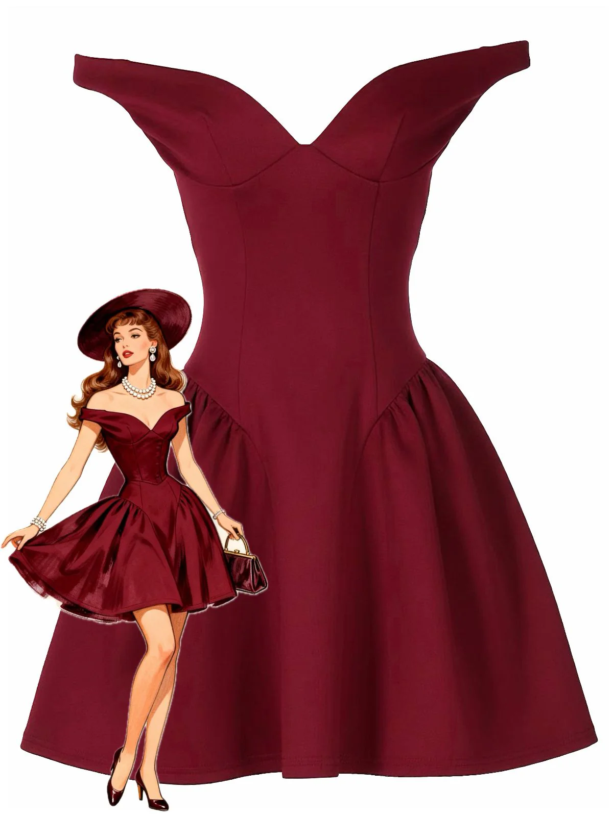 1970s Solid Off-Shoulder Deep V-Neck Skater Dress - Image 3