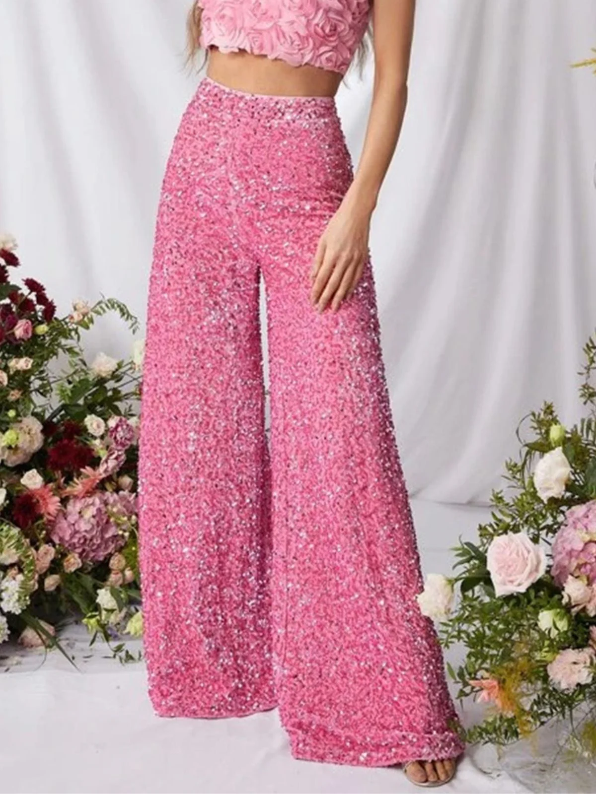 1970s Solid Sequined Disco Wide Leg Pants - Image 11