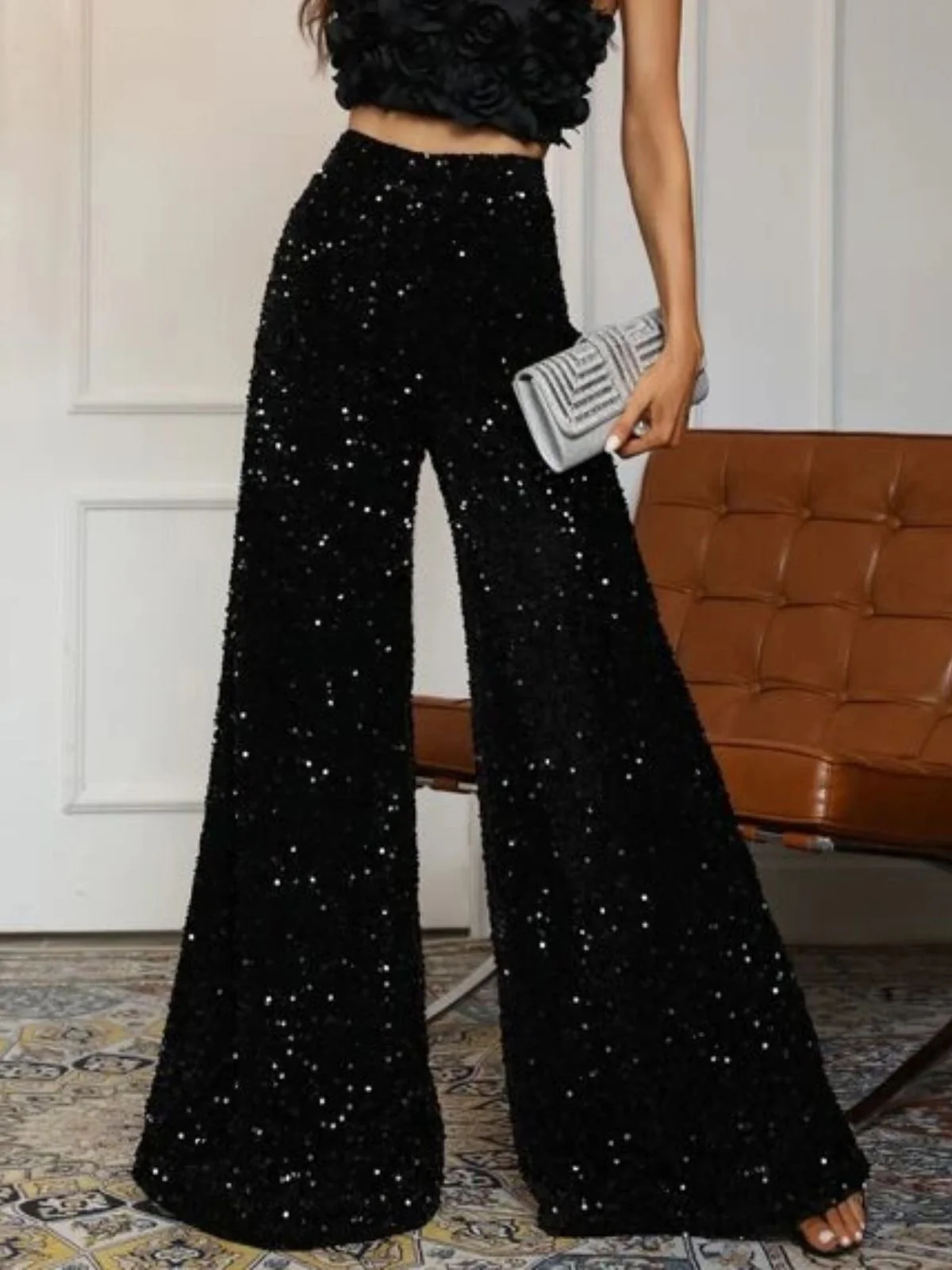 1970s Solid Sequined Disco Wide Leg Pants - Image 3