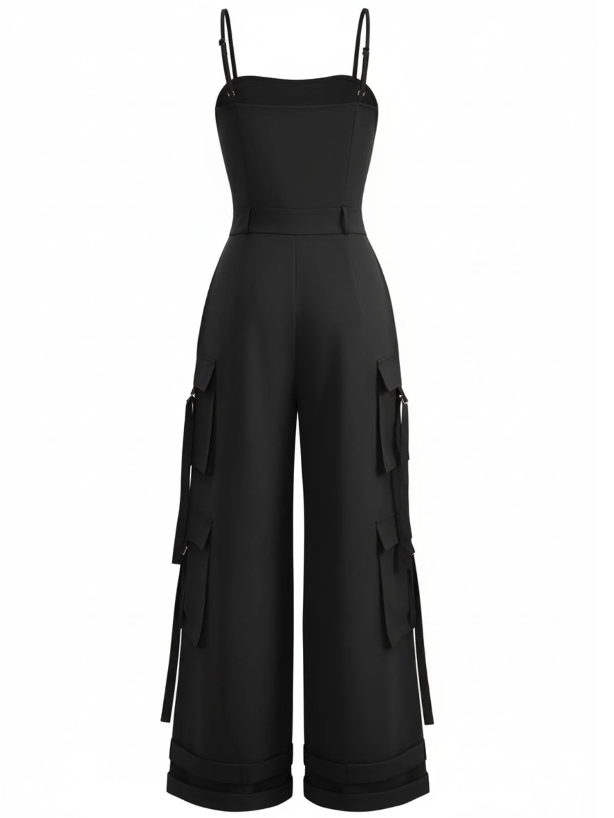 1970s Solid Spaghetti Strap Cargo Style Wide-Leg Jumpsuit - Image 10