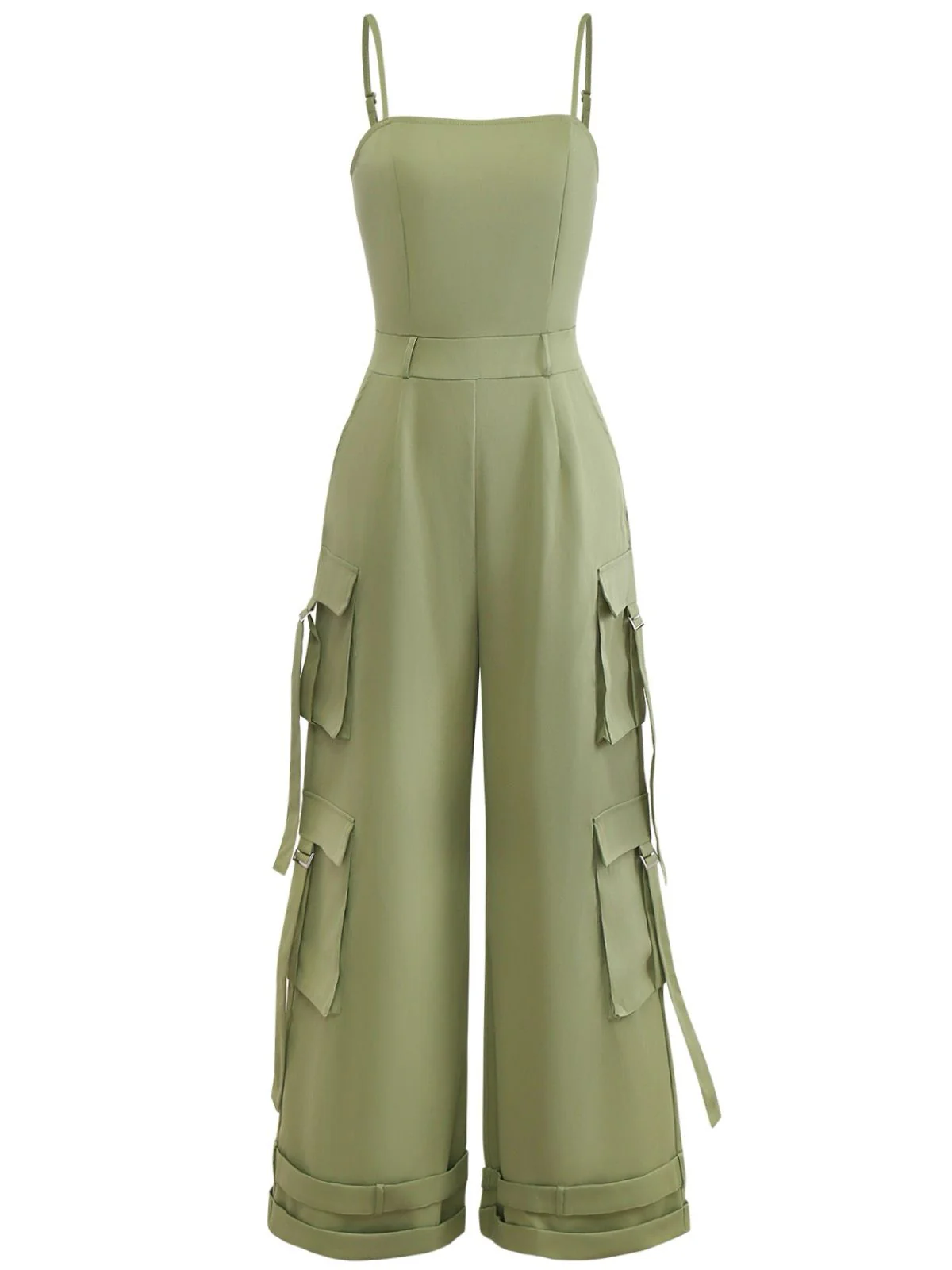 1970s Solid Spaghetti Strap Cargo Style Wide-Leg Jumpsuit - Image 2
