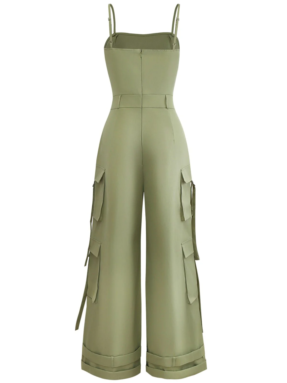 1970s Solid Spaghetti Strap Cargo Style Wide-Leg Jumpsuit - Image 3