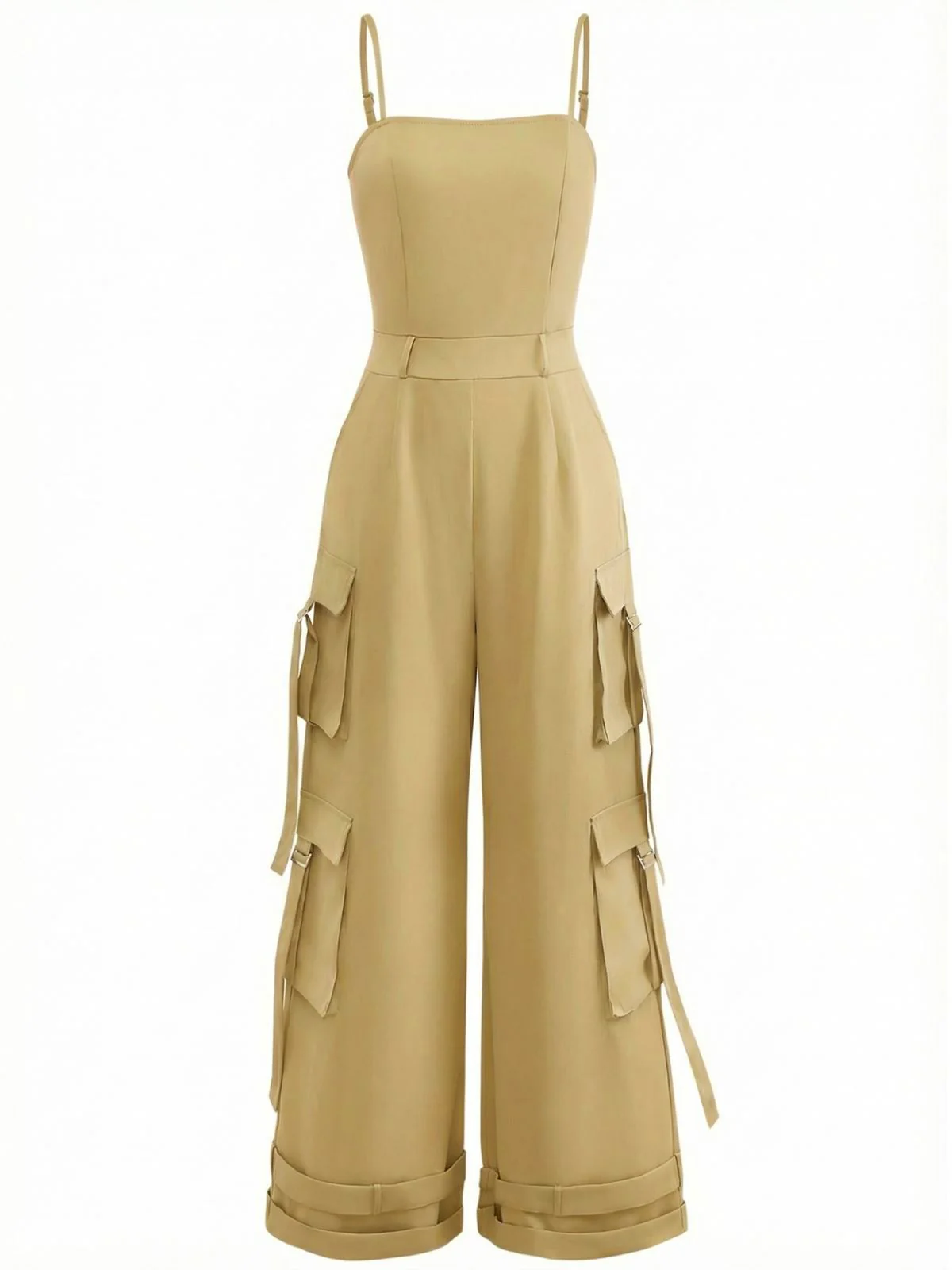 1970s Solid Spaghetti Strap Cargo Style Wide-Leg Jumpsuit - Image 7