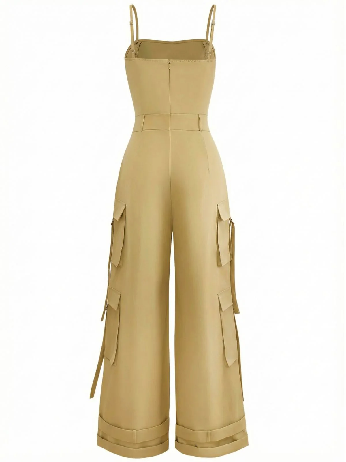 1970s Solid Spaghetti Strap Cargo Style Wide-Leg Jumpsuit - Image 8