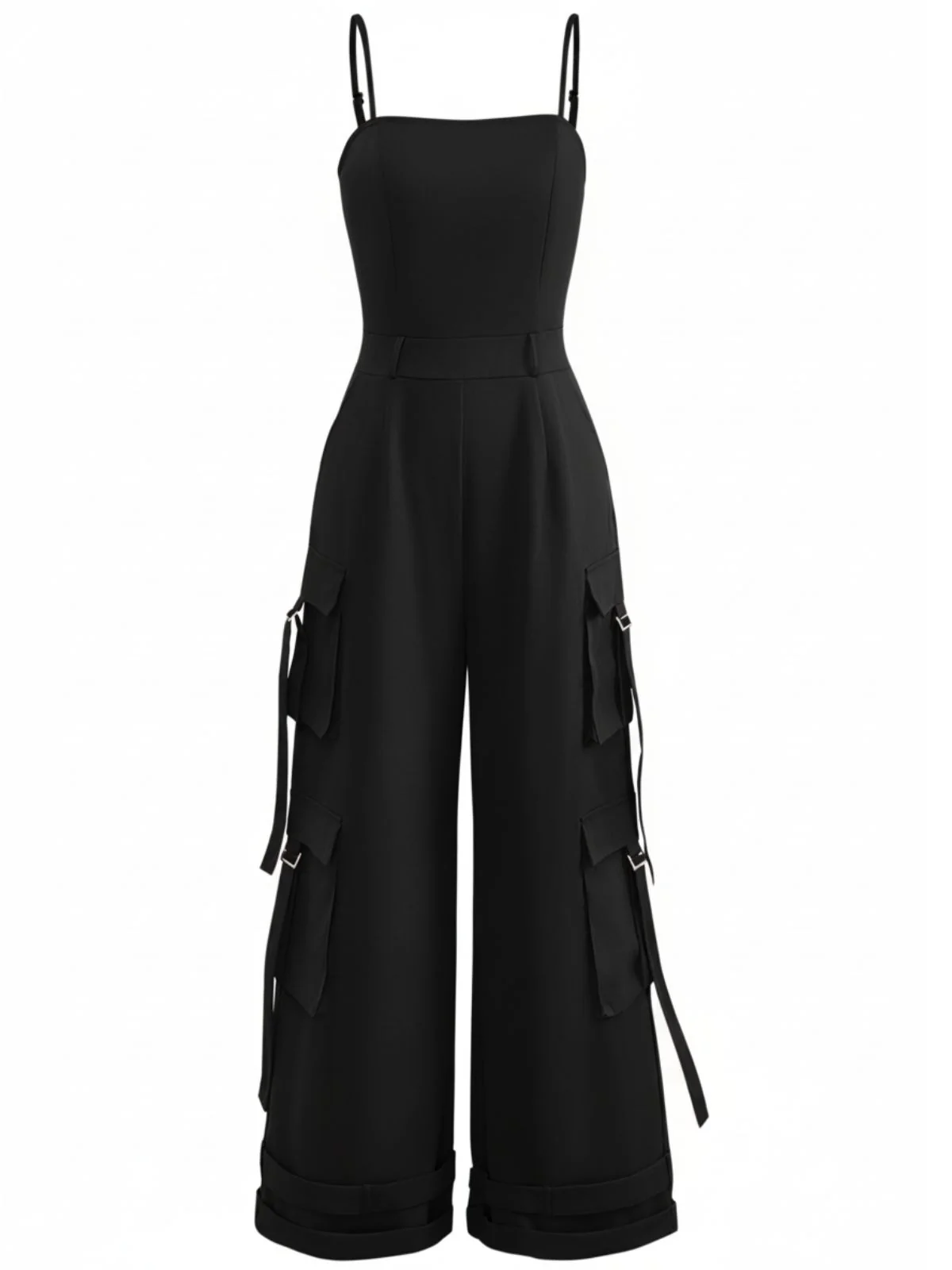 1970s Solid Spaghetti Strap Cargo Style Wide-Leg Jumpsuit - Image 9
