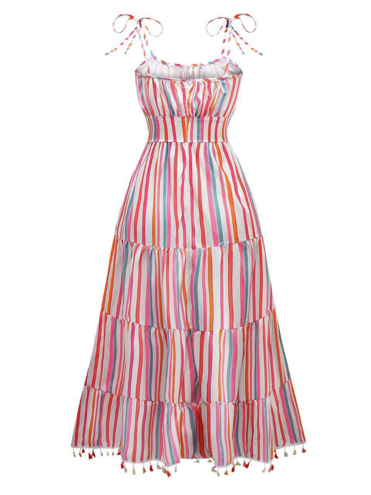 1970s Spaghetti Strap Rainbow Stripes Tiered Dress - Image 2