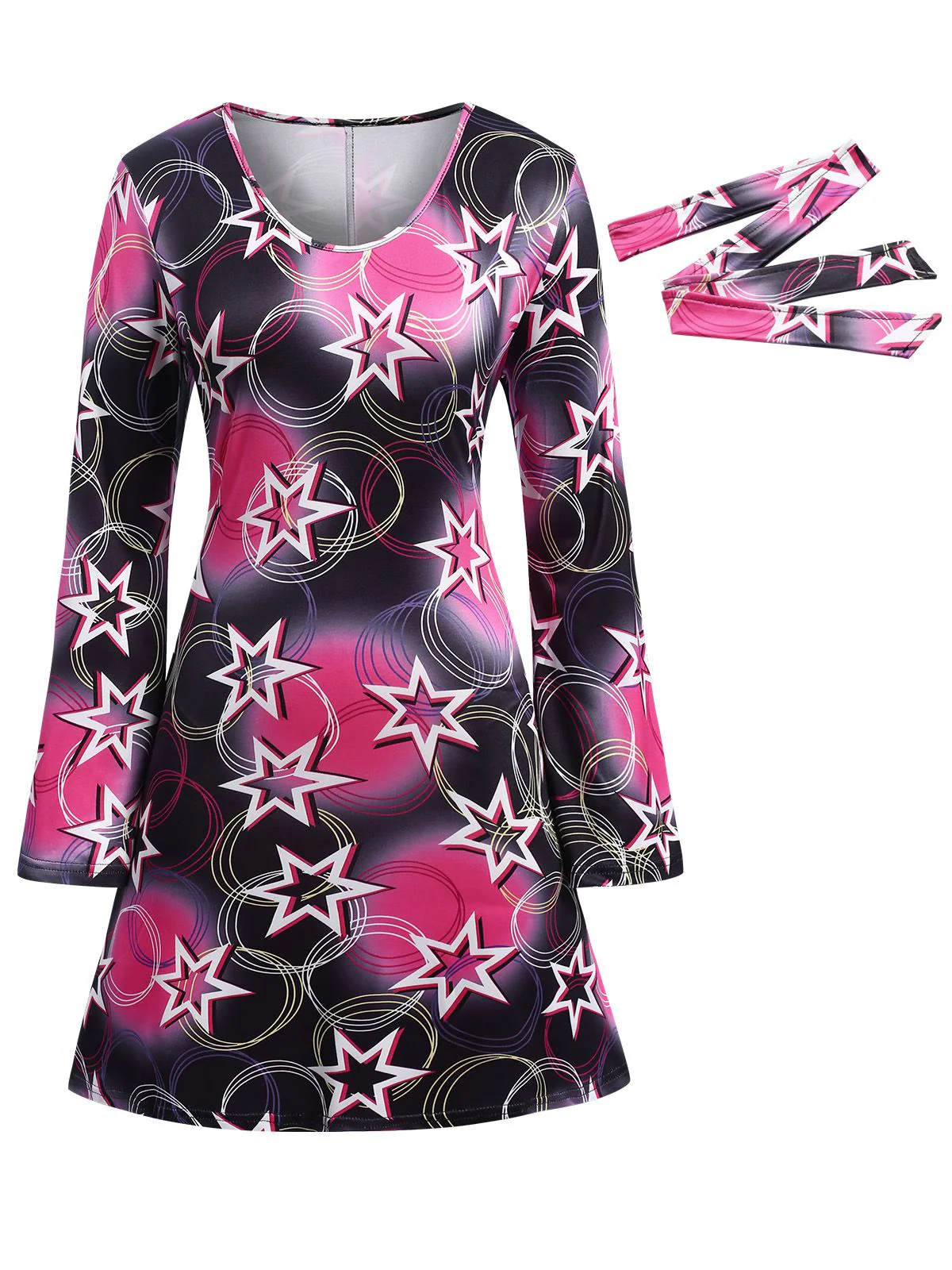 1970s Stars Disco Hippie Style Dress With Scarf - Image 3