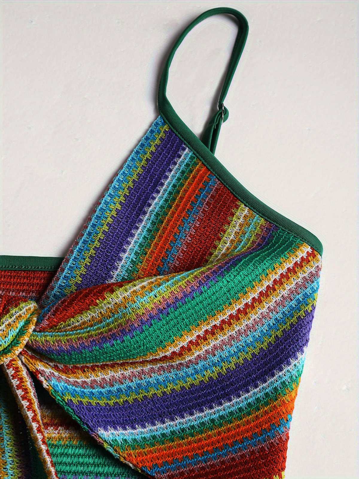 1970s Strap Colorful Stripes Lace-Up Boho Dress - Image 10