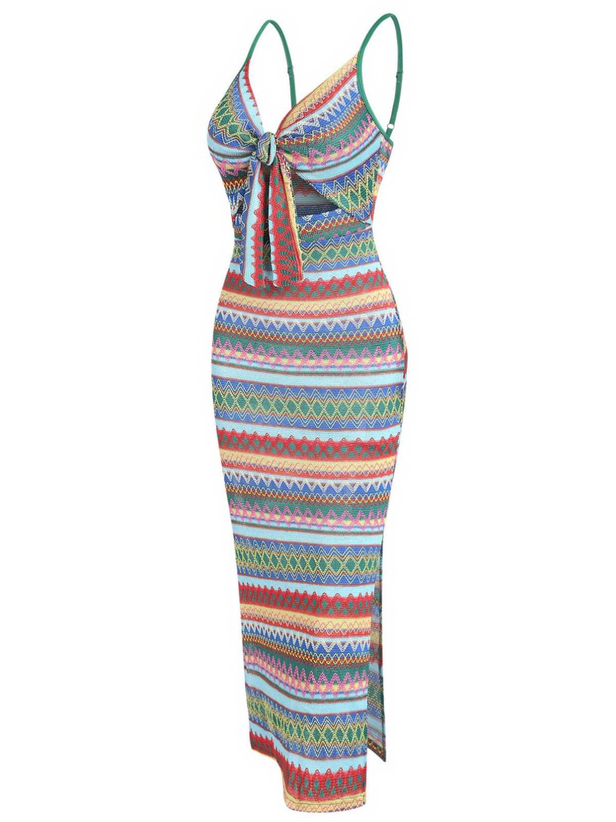 1970s Strap Colorful Stripes Lace-Up Boho Dress - Image 2