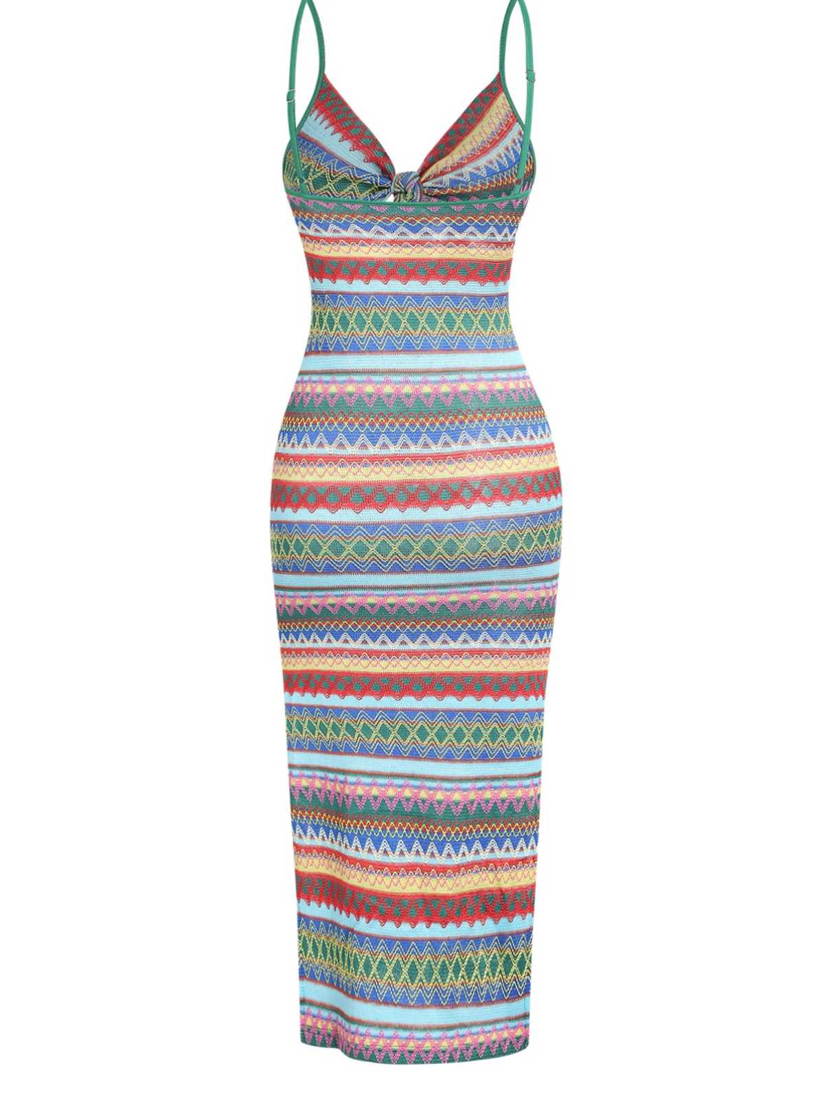 1970s Strap Colorful Stripes Lace-Up Boho Dress - Image 3