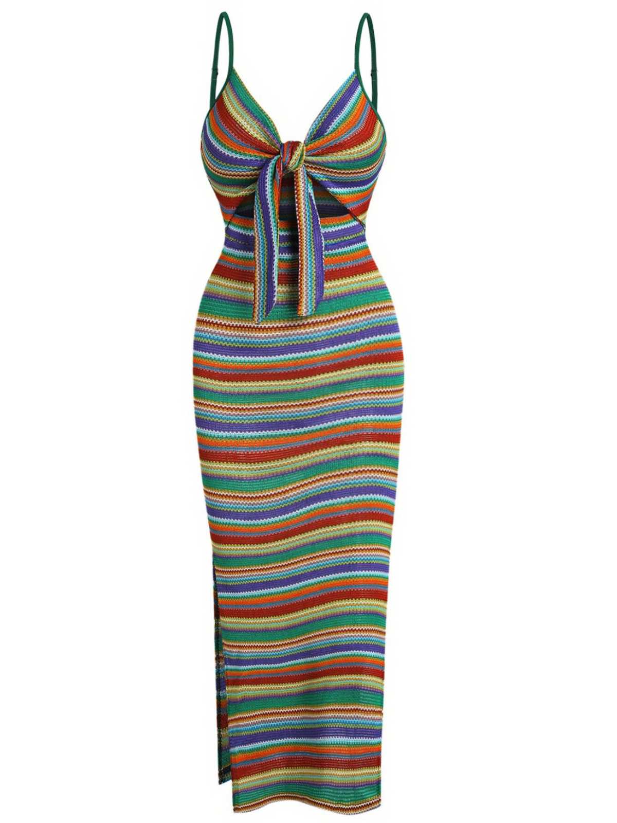 1970s Strap Colorful Stripes Lace-Up Boho Dress - Image 4