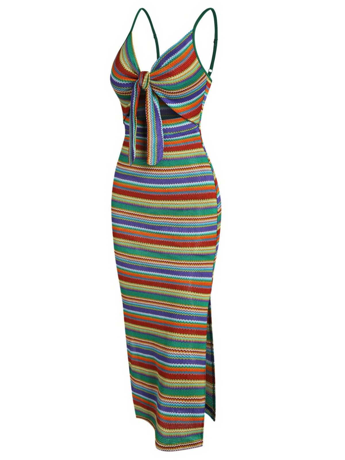 1970s Strap Colorful Stripes Lace-Up Boho Dress - Image 5