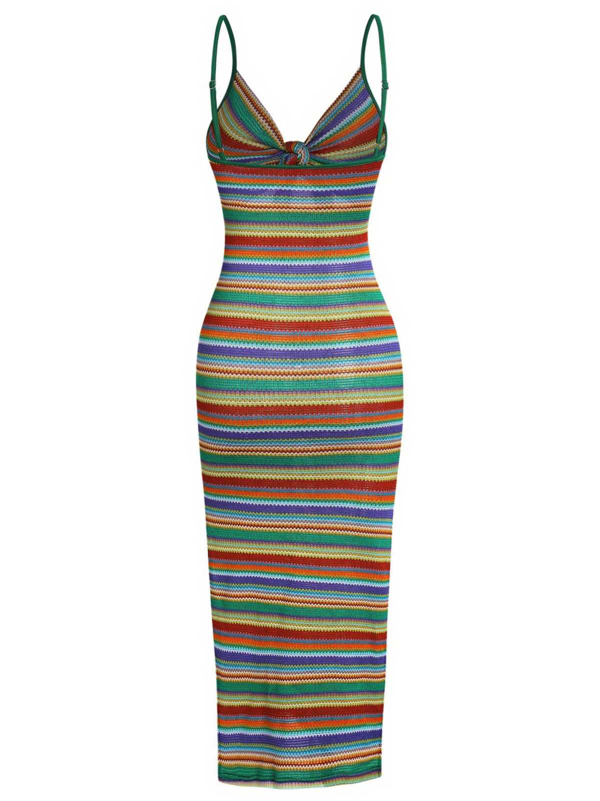1970s Strap Colorful Stripes Lace-Up Boho Dress - Image 6