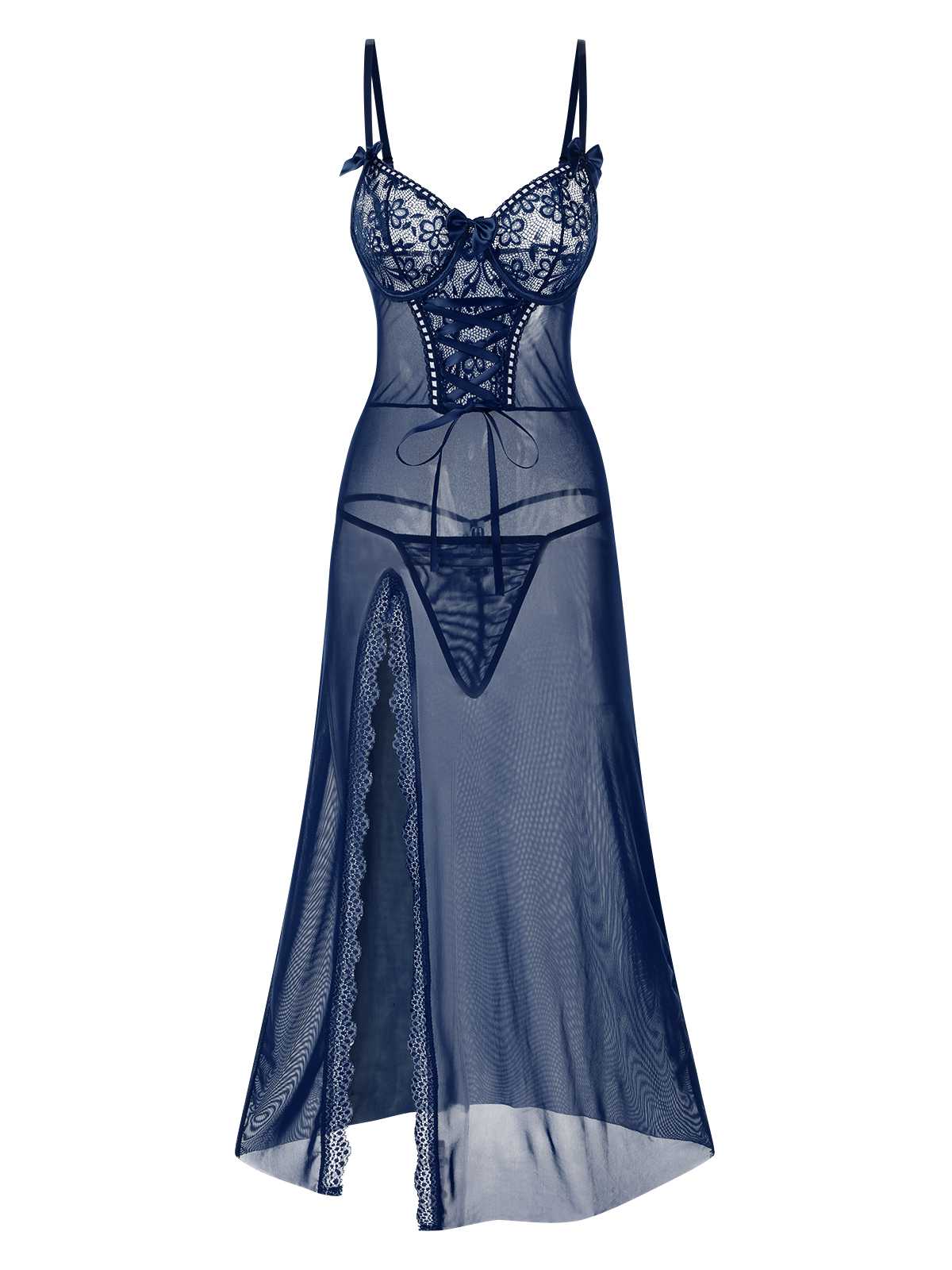 1970s Strap Lace Sheer Slit Sleepwear Nightgown - Image 3