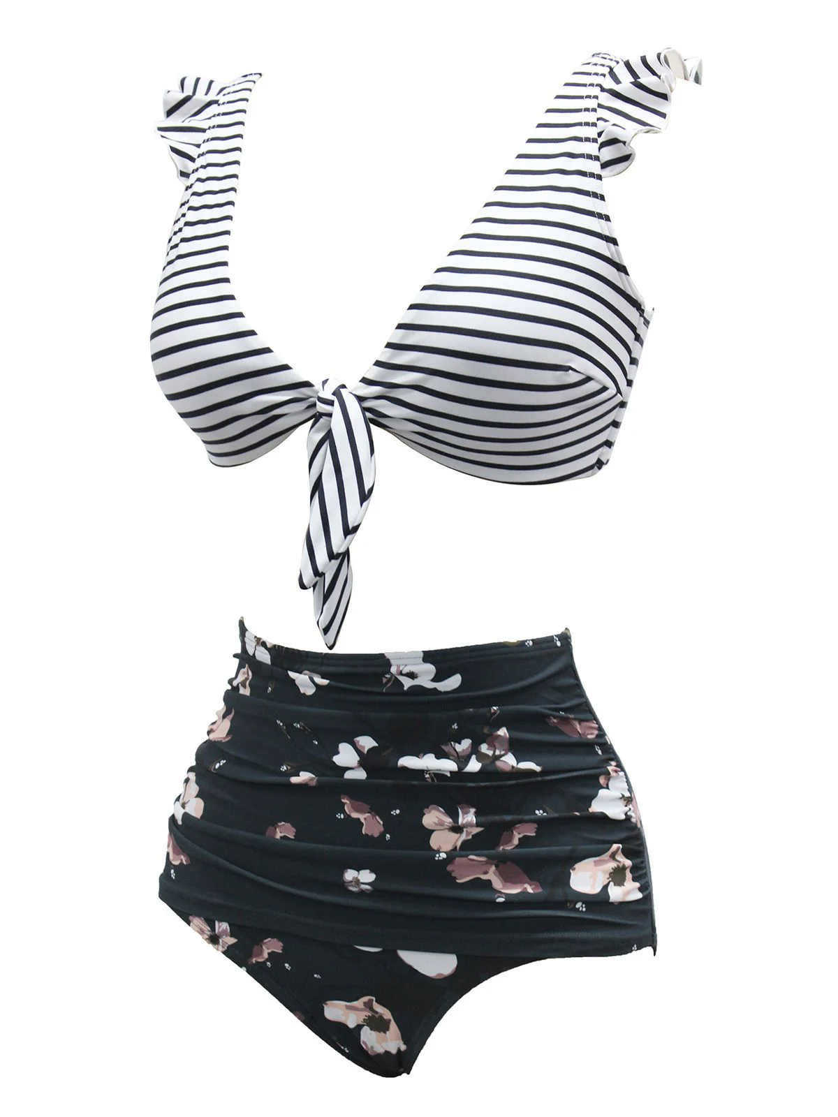 1970s Strap Stripes Floral Swimsuit - Image 2