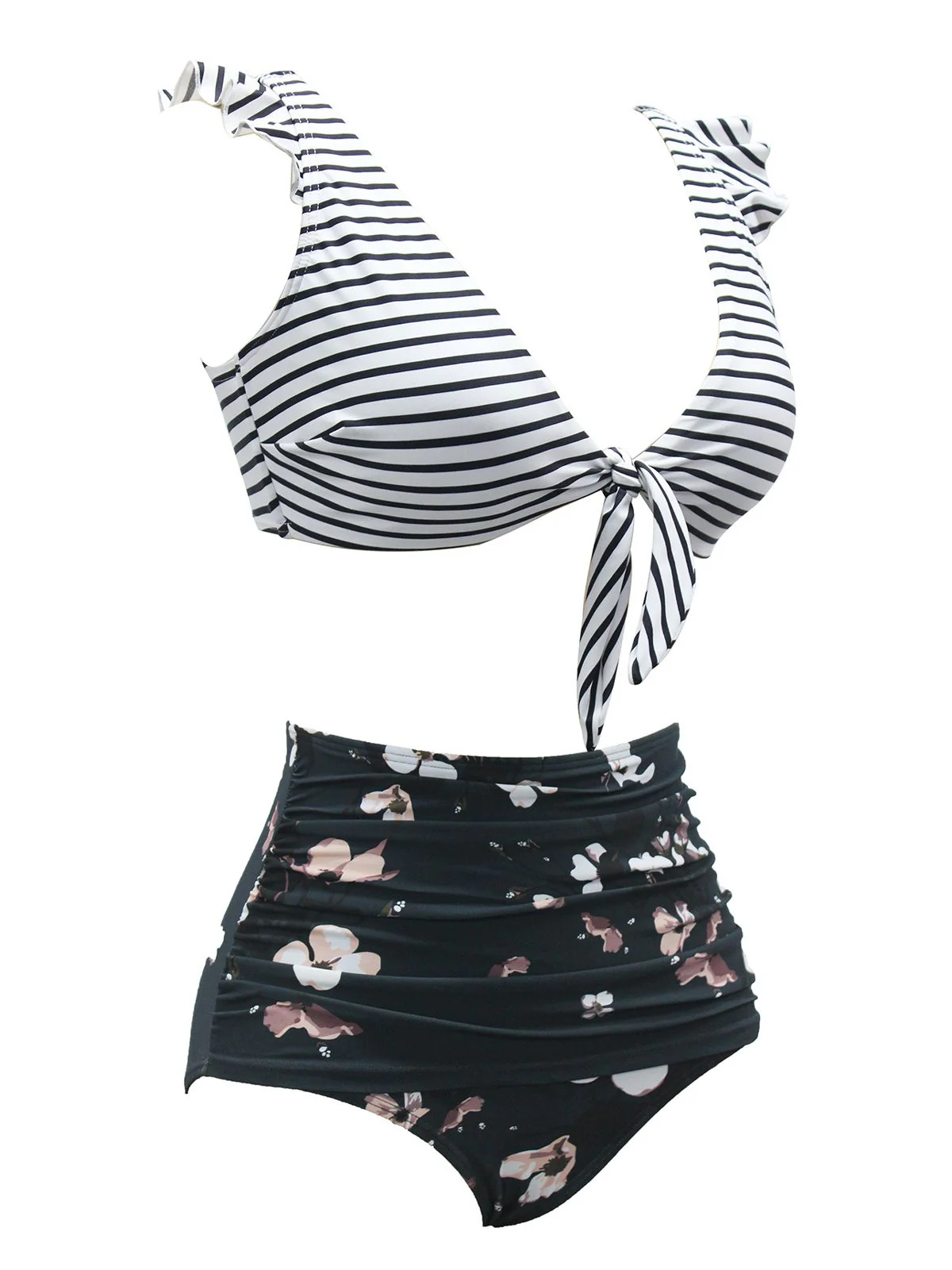 1970s Strap Stripes Floral Swimsuit - Image 3