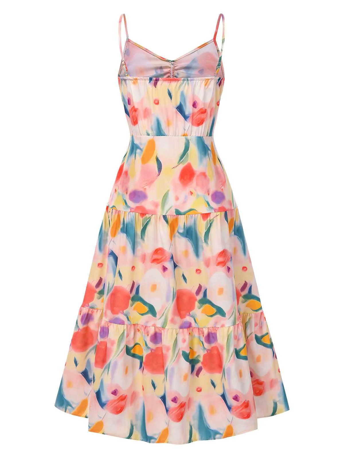 1970s Strap Watercolor Floral Ruched Tiered Dress - Image 2