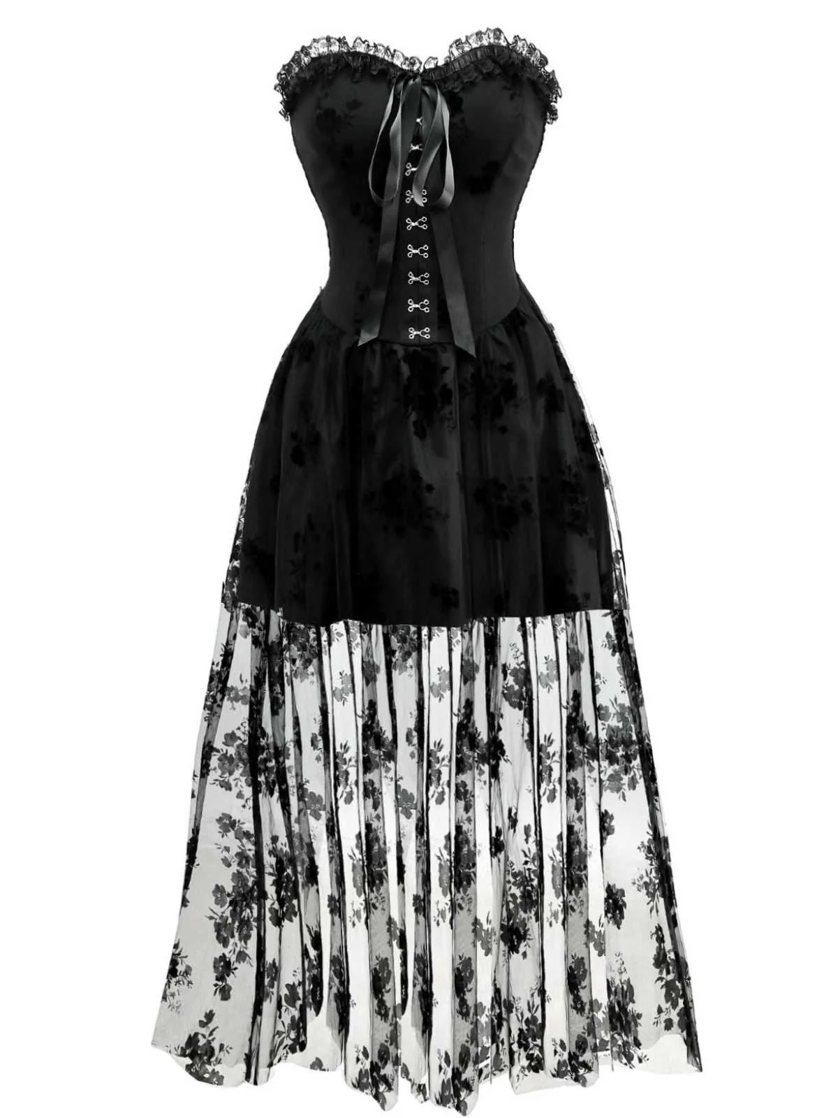 1970s Gothic Strapless Dark Bride Mesh Corset Dress