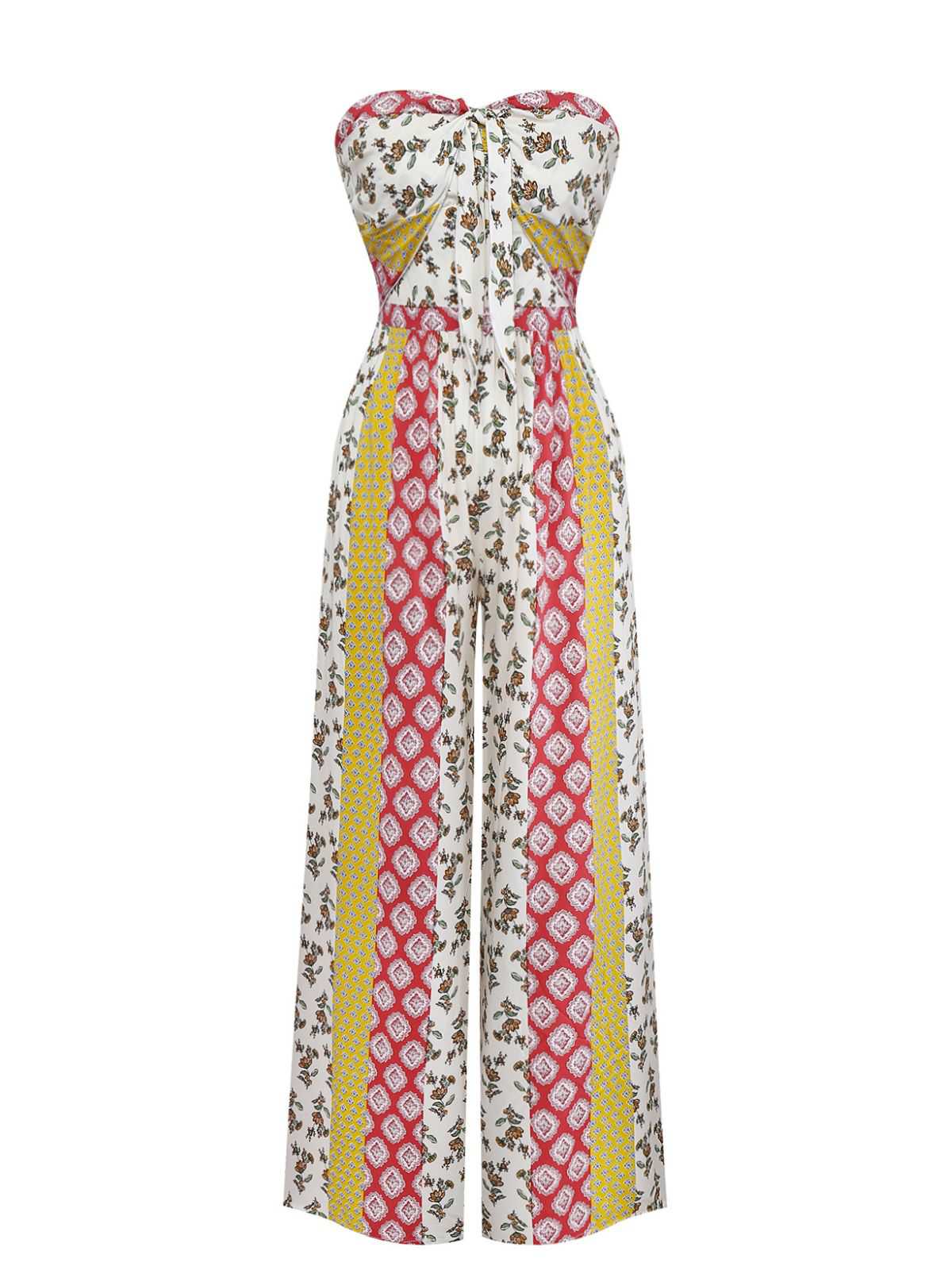 1970s Strapless Floral Geometric Print Boho Jumpsuit