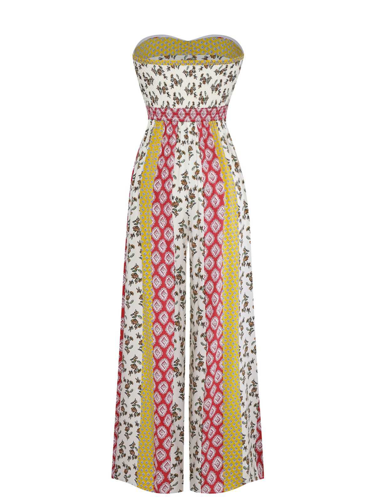 1970s Strapless Floral Geometric Print Boho Jumpsuit - Image 2
