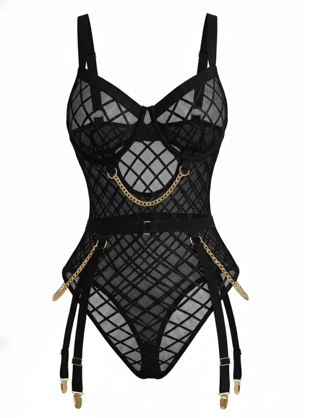 1970s Strappy Chain Accents Sheer Mesh Lingerie - Image 5