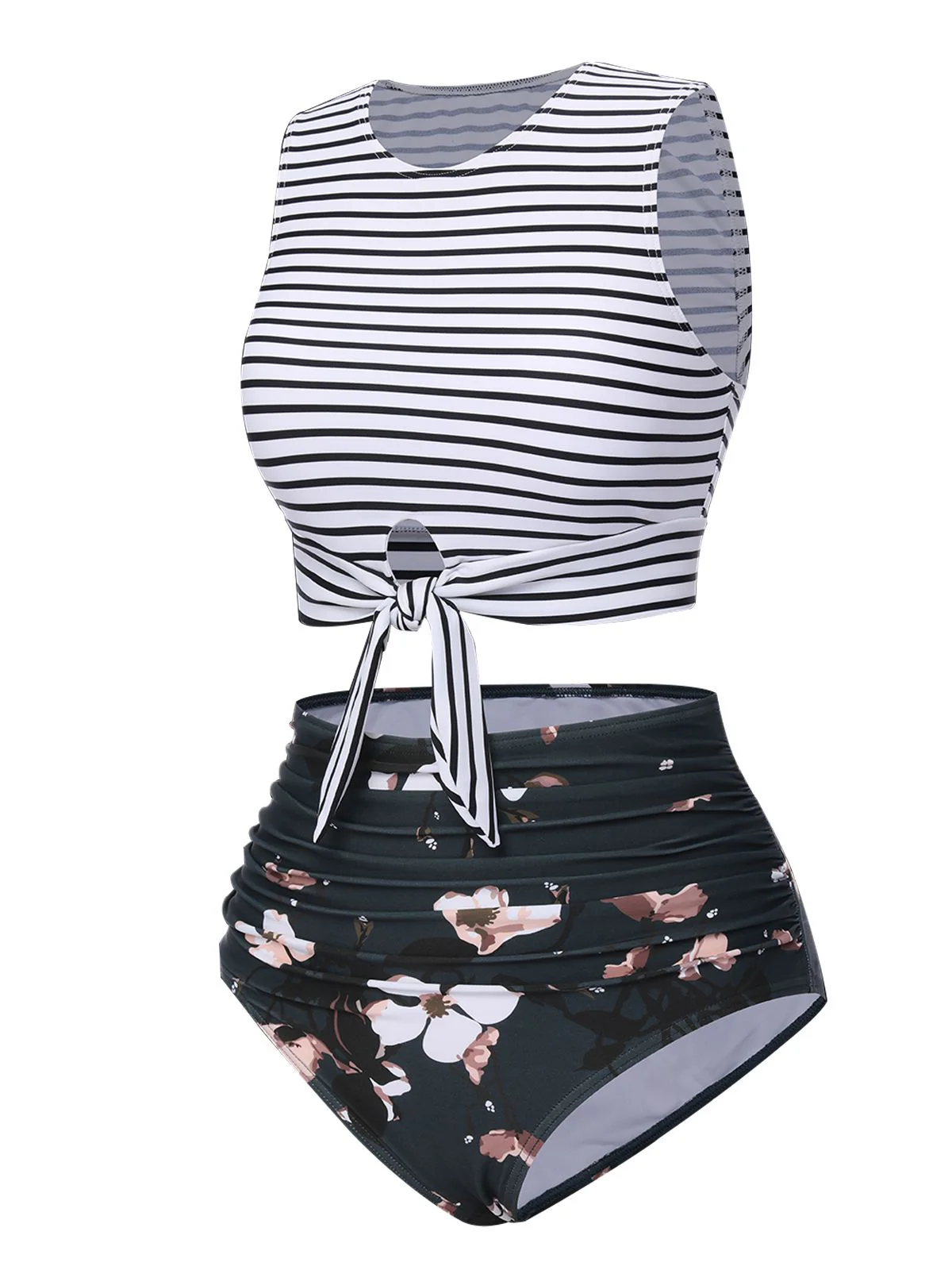 1970s Striped Waist Tie Floral Tankini Set - Image 2