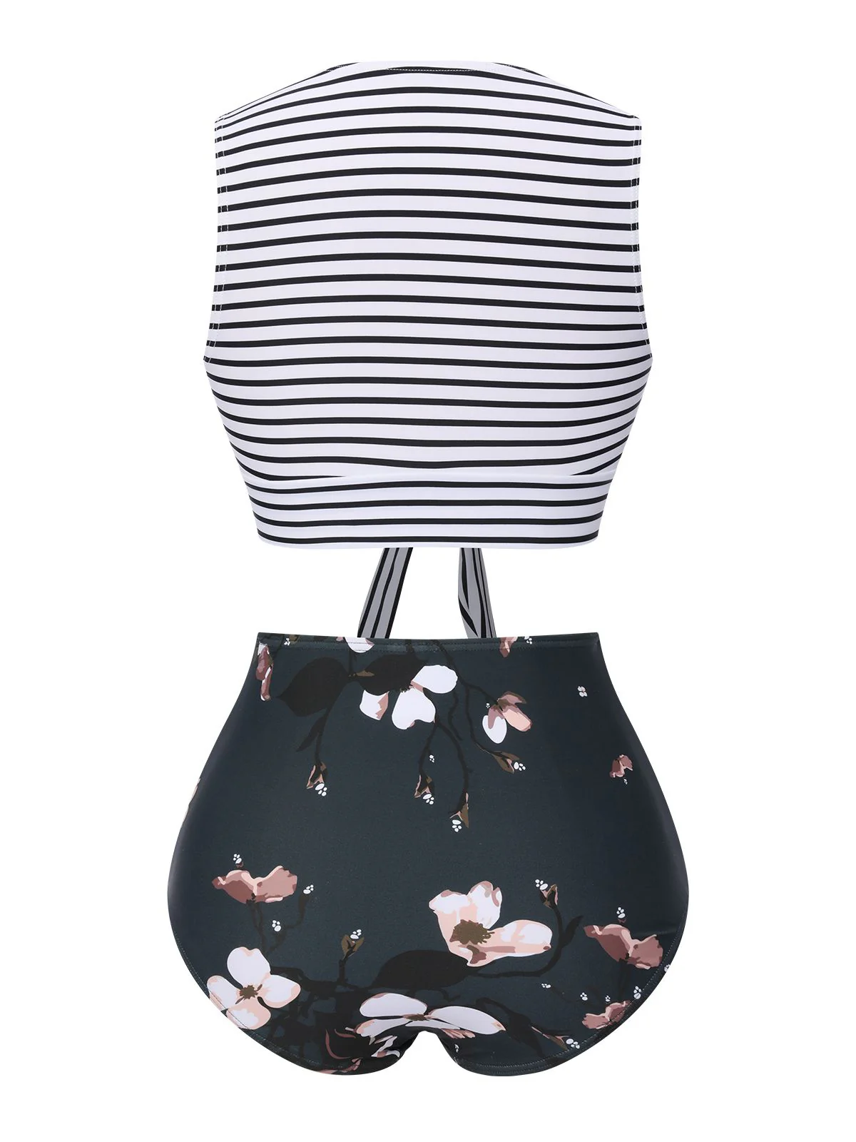 1970s Striped Waist Tie Floral Tankini Set - Image 3