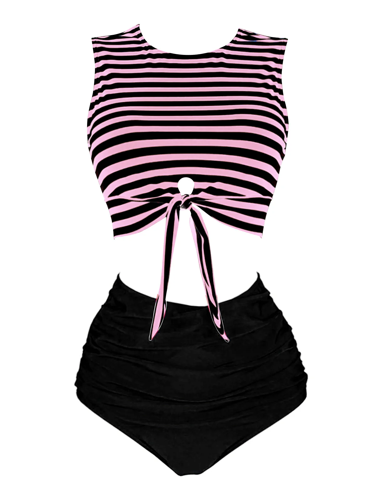 1970s Striped Waist Tie Floral Tankini Set - Image 8