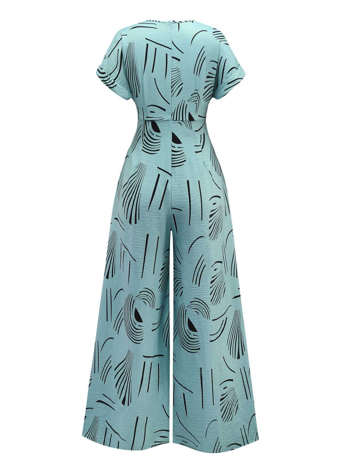 1970s V-Neck Abstract Line Wide-Leg Jumpsuit - Image 2
