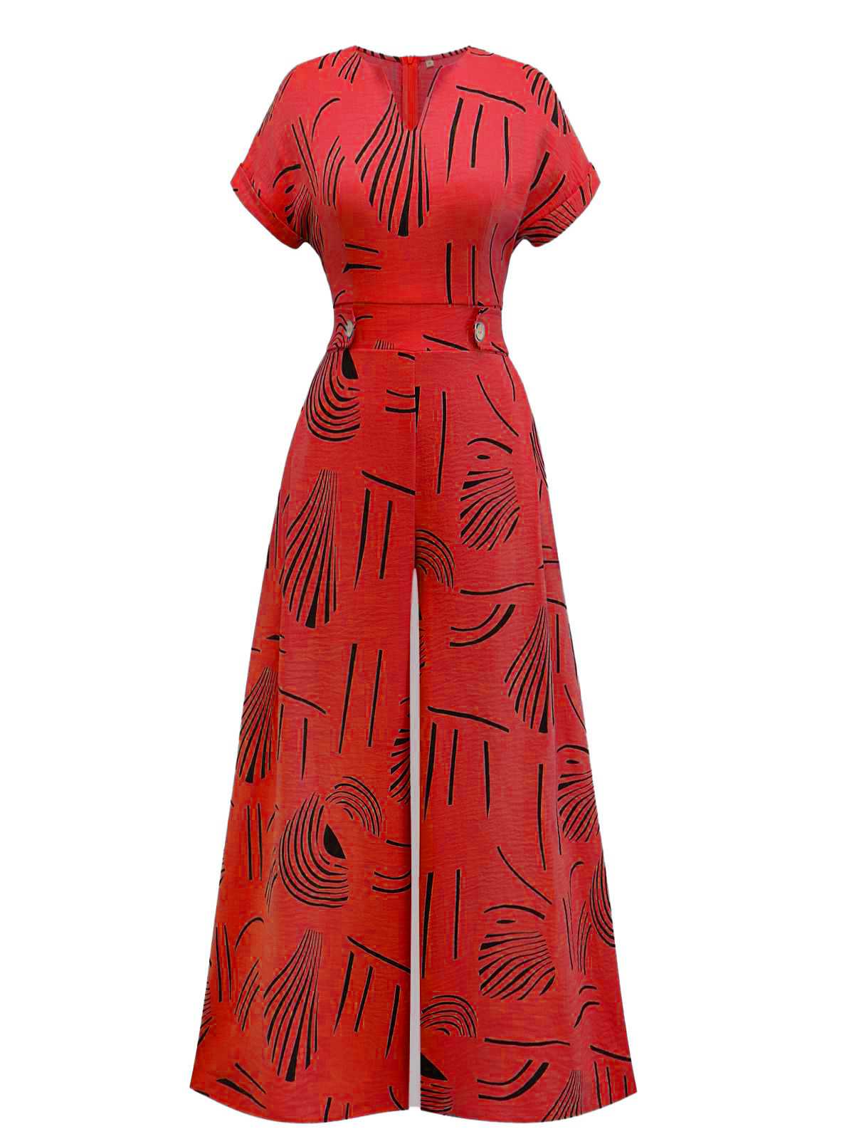 1970s V-Neck Abstract Line Wide-Leg Jumpsuit - Image 6