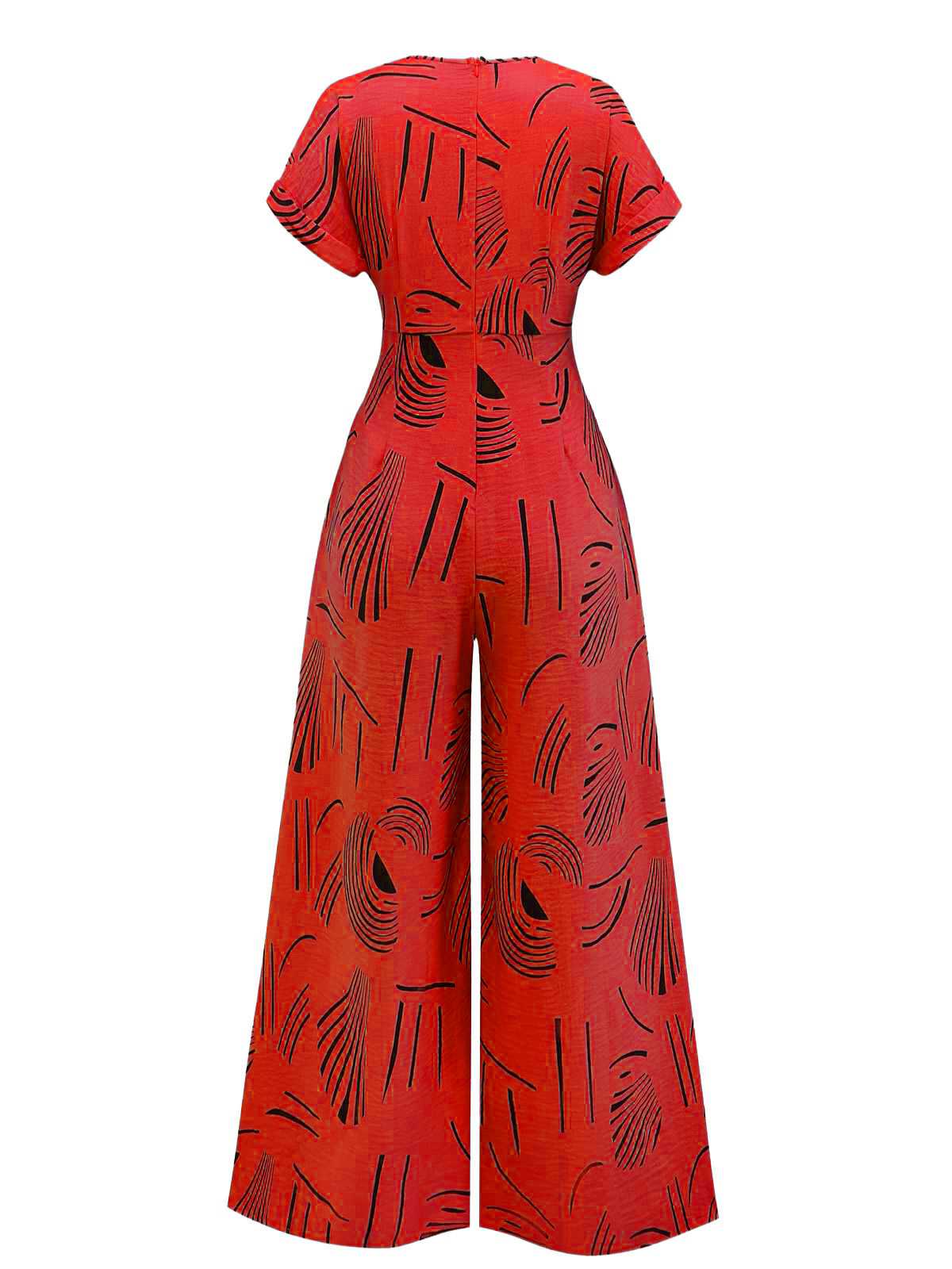 1970s V-Neck Abstract Line Wide-Leg Jumpsuit - Image 7