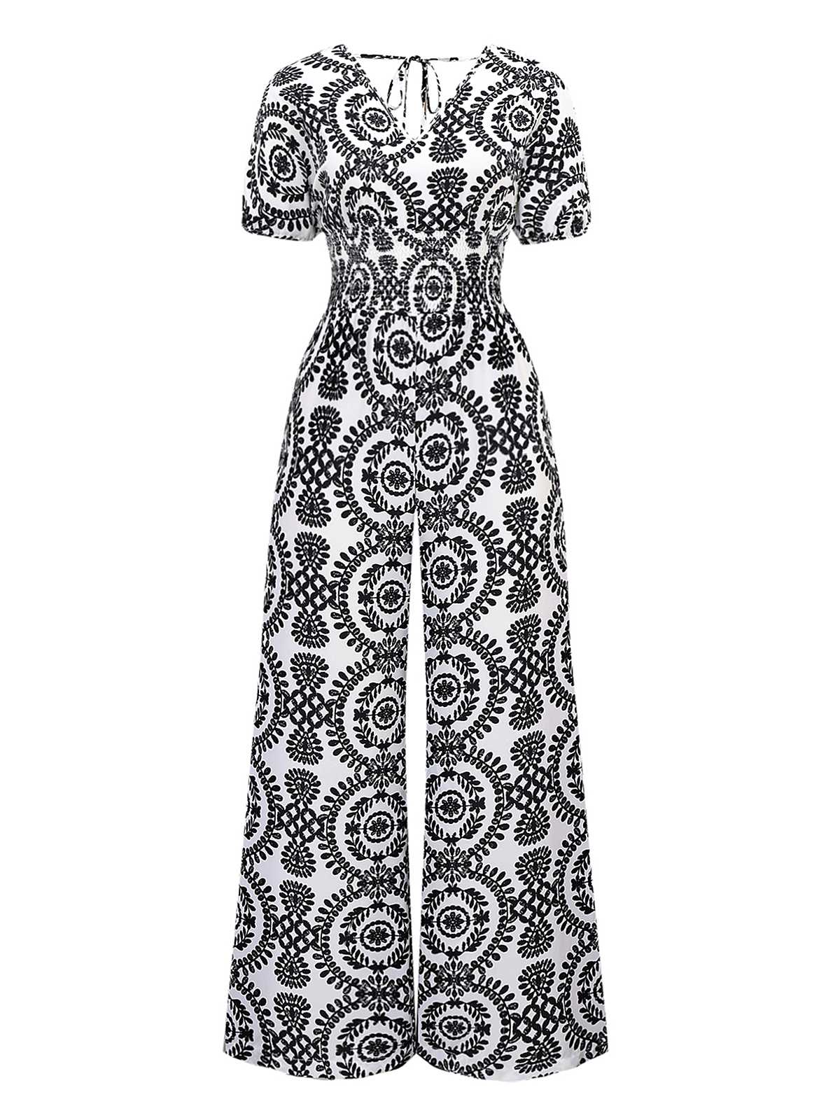 1970s V-Neck Boho Puff Sleeve Wide-Leg Jumpsuit - Image 2