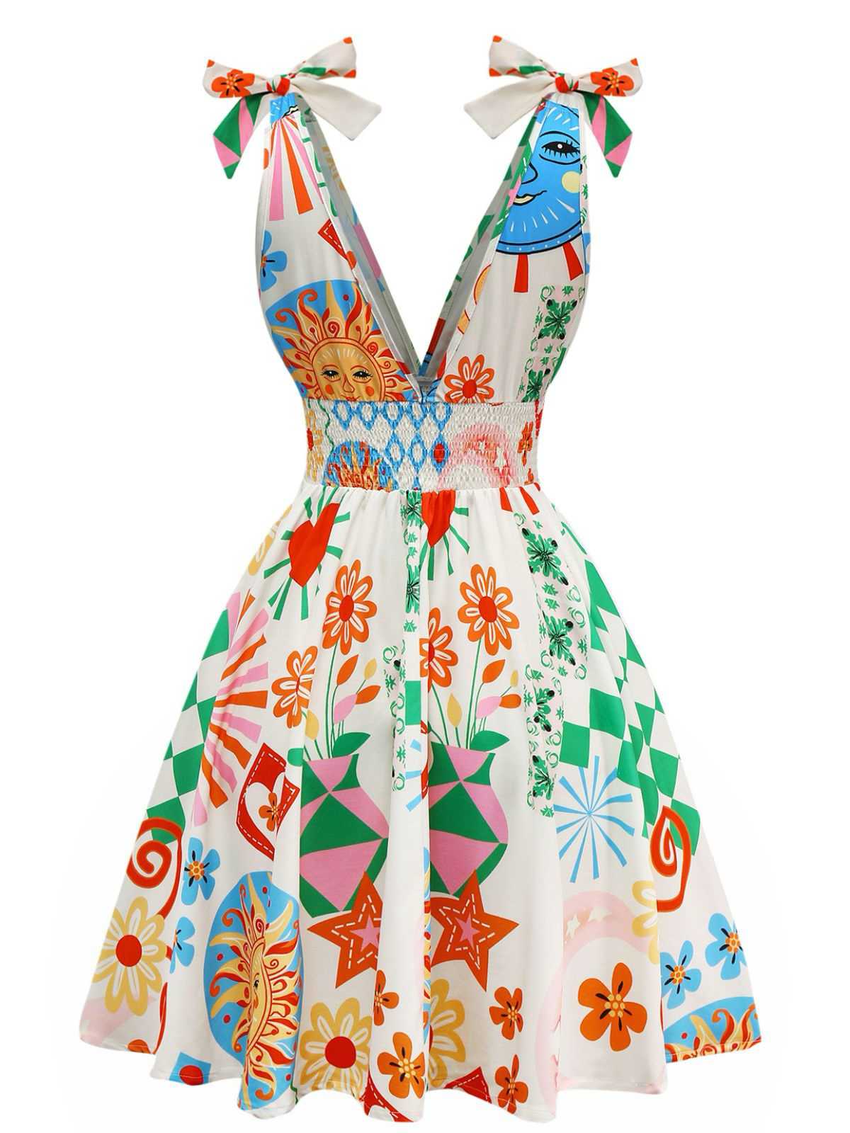 1970s V-Neck Boho Smocked Sleeveless Dress - Image 2