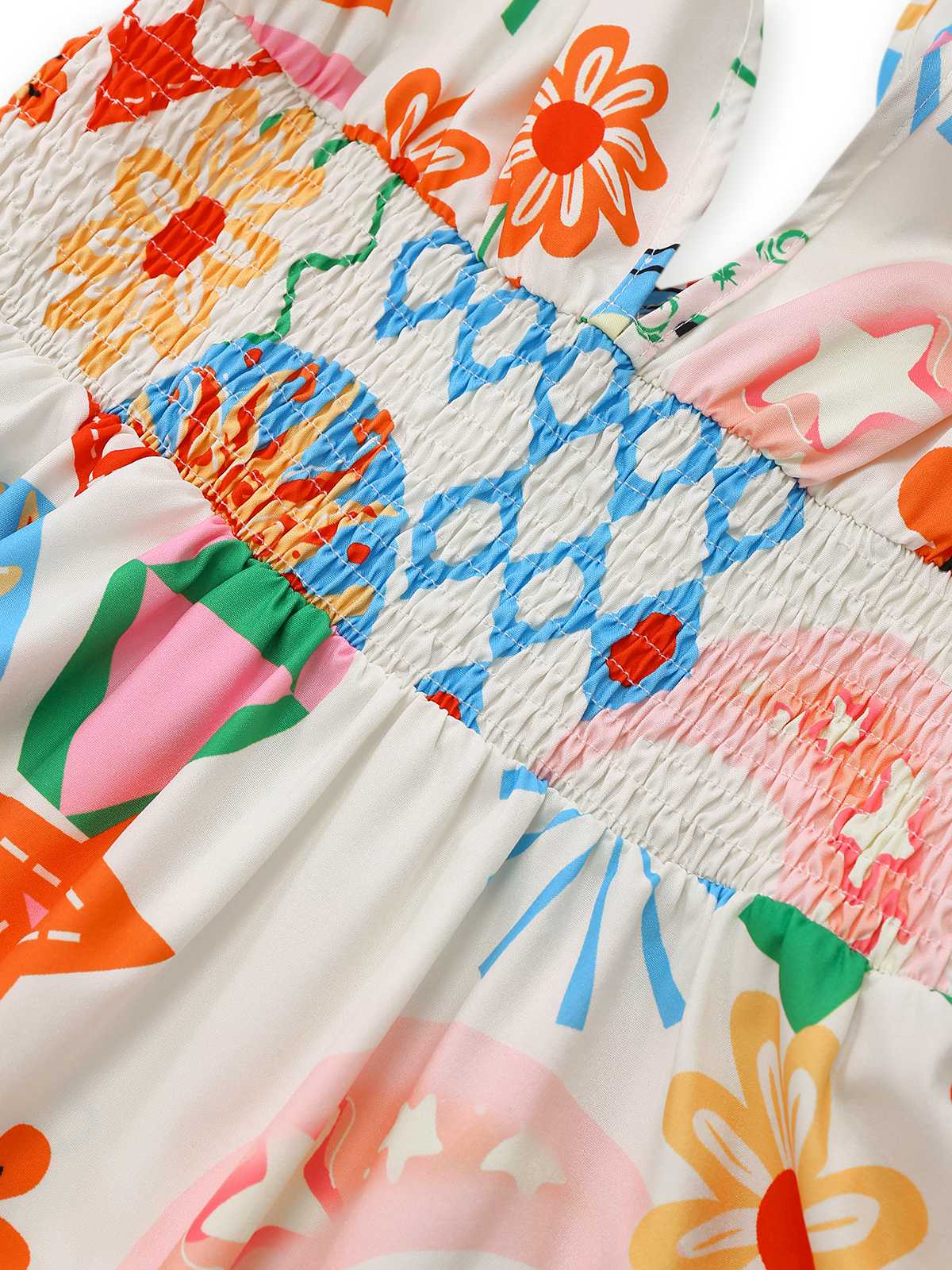1970s V-Neck Boho Smocked Sleeveless Dress - Image 3