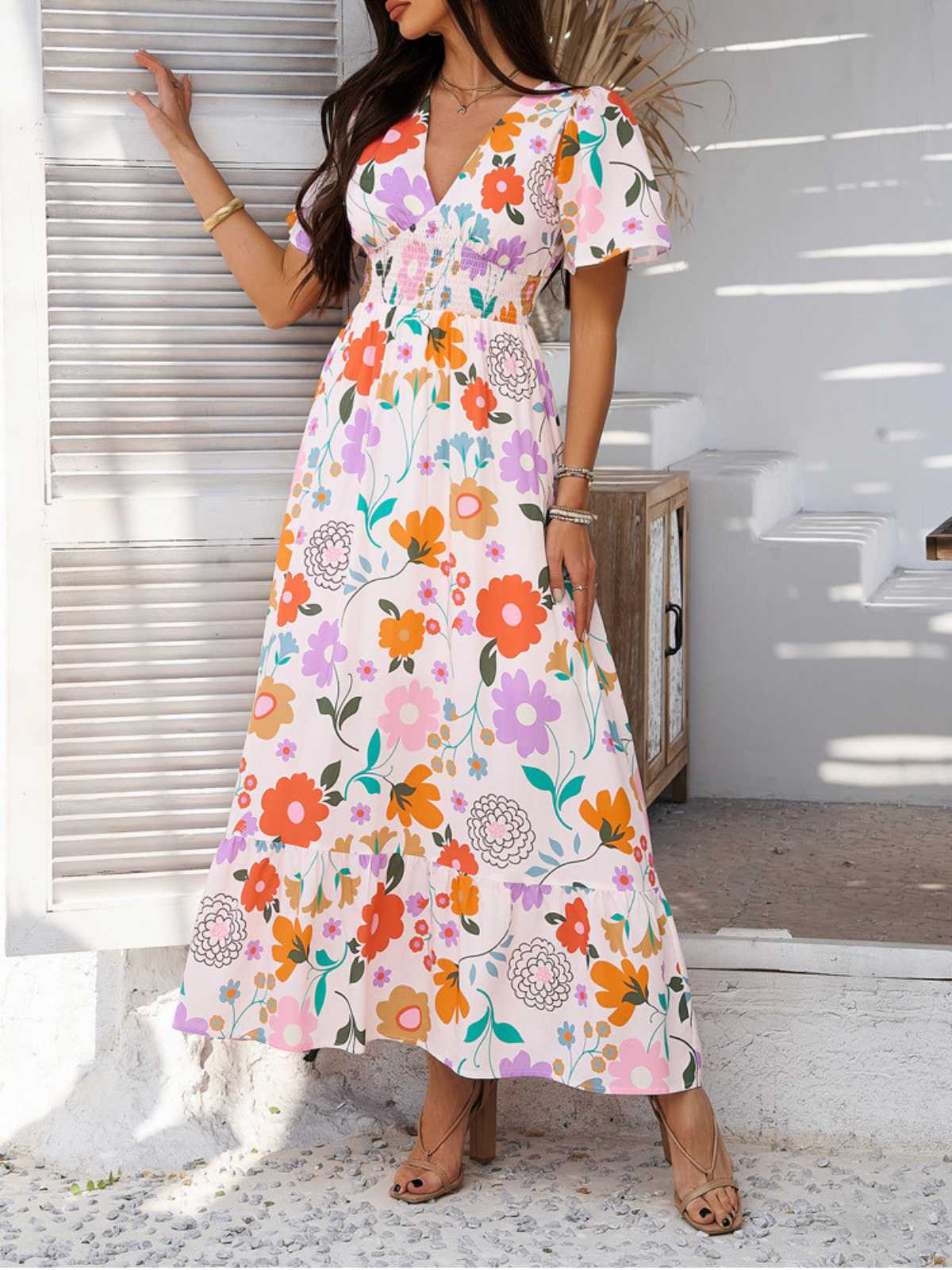 1970s V-Neck Boho Smocked-Waist Floral Dress - Image 2