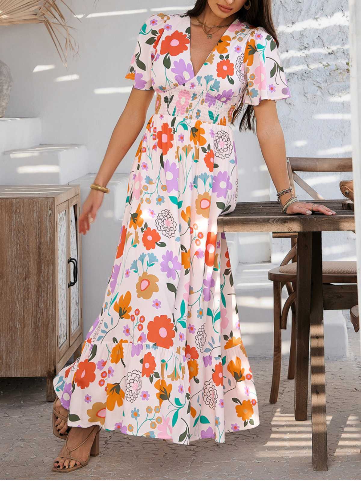 1970s V-Neck Boho Smocked-Waist Floral Dress - Image 3
